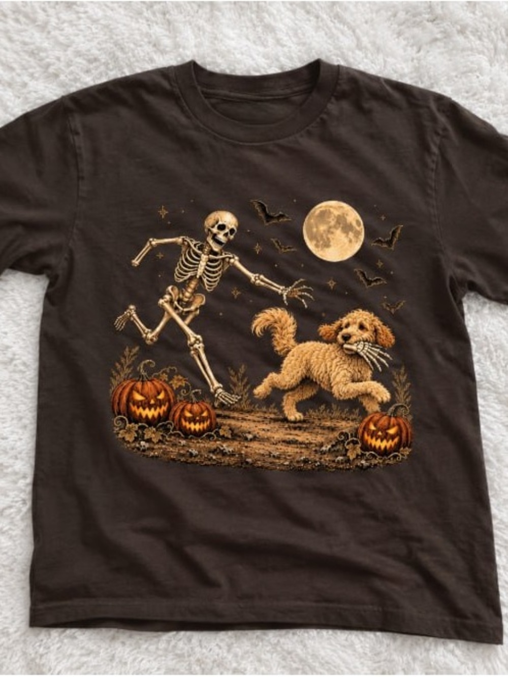 Golden Doodle and Skeleton Gildan Brown Halloween Tee Graphic